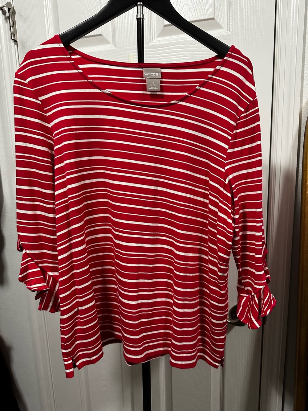 Chico's Red & White Striped Tie-Sleeve Long Sleeve Top